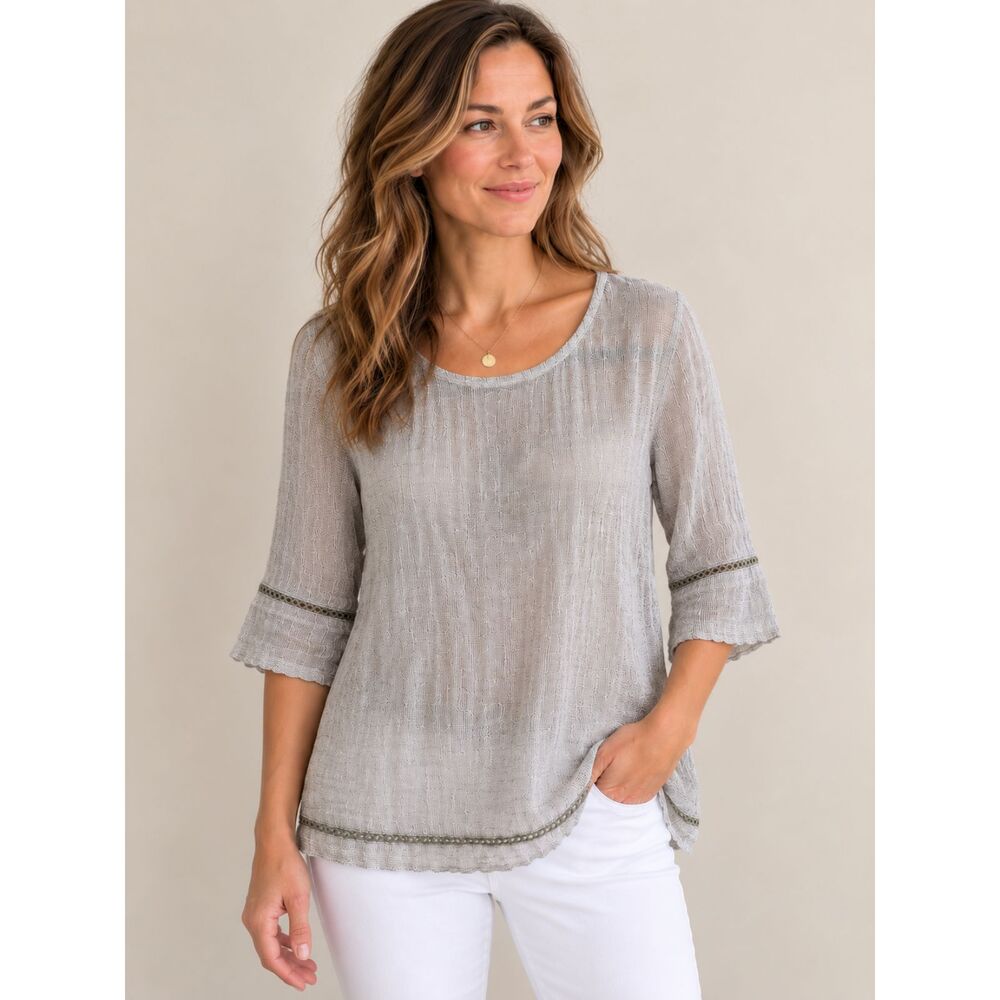 J Jill Pure Jill Linen Women's Green Trim Open Knit Weave Semi Sheer Blouse, XS